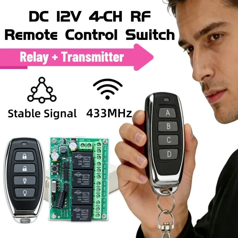 Universal Wireless Remote Control Switch RF 433MHz DC12V 24V 10A 4CH Receiver Rf Transmitter For Garage Doors,Lights,  Motors