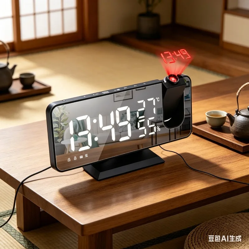 Radio LED Screen Smart Alarm Desktop Clock Electronic Table Watch USB Wake Tool 180° Time Projection Snooze Design