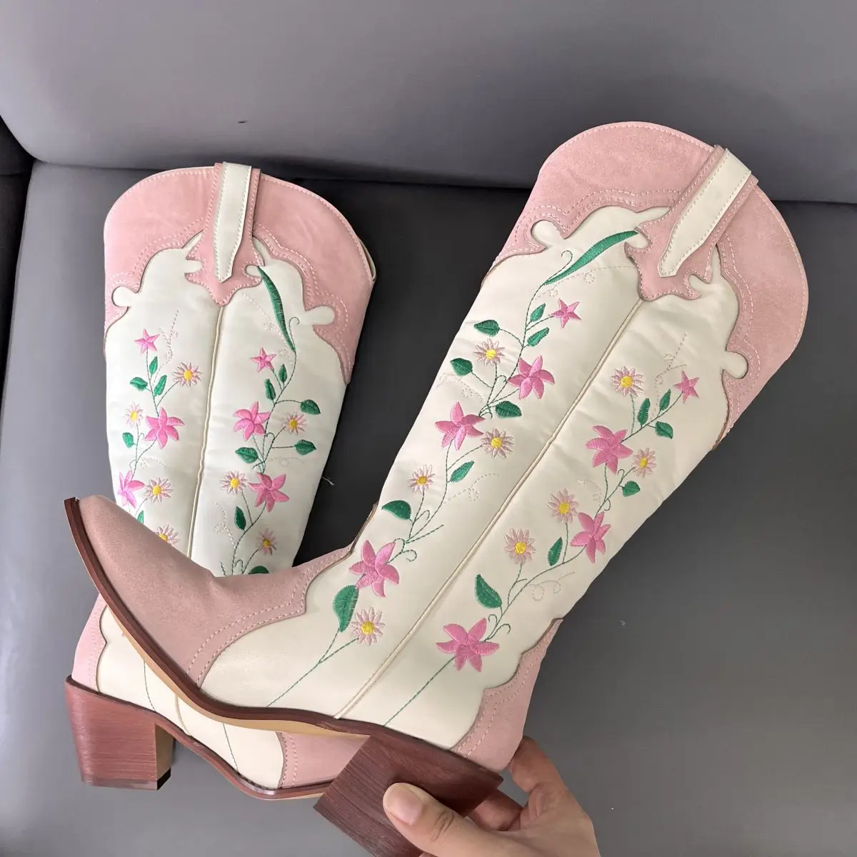 Embroider Santiag Spring White Pink Pointed Toe Texana Women Western Cowboy Ankle Boots Ladies Shoes On Offer Women Boots