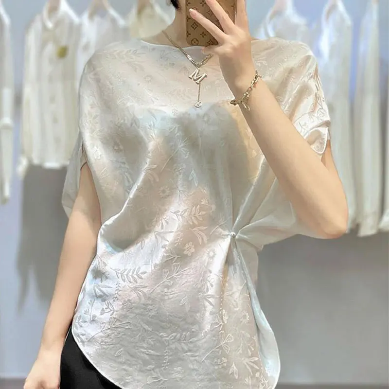 

Elegant Fashion Harajuku Slim Fit Female Clothes Loose Casual All Match Tops Women Patchwork O Neck Insert Short Sleeve Blusa