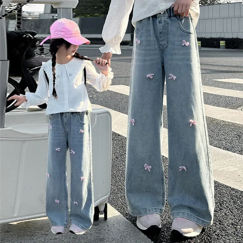 

Spring and Autumn 2025 New Foreign Style Children Loose Wide-leg Pants Girls Casual Pink Bow Pants Trousers Teenager Girls Jeans
