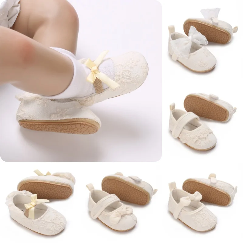 

Apricot Colored Cute White Lace Baby Girl Princess Shoes Baby Shoes Butterfly Bow Tassel Rubber Sole Anti Slip Shoes Baby Shoes