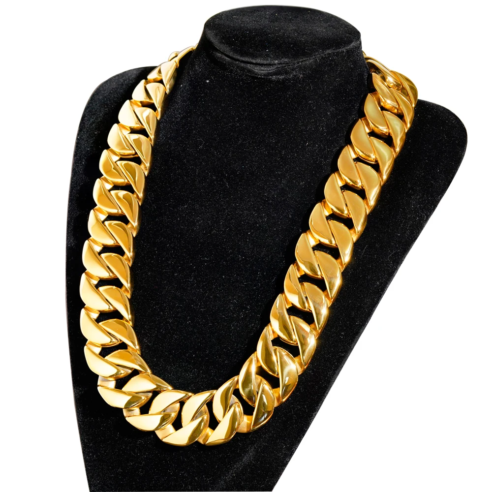 MINDGEM 32MM Width 316L Stainless Steel Bold Exaggerated Gold Color Necklace Non Fading Men\'s Thick Cuban Hip Hop Necklace