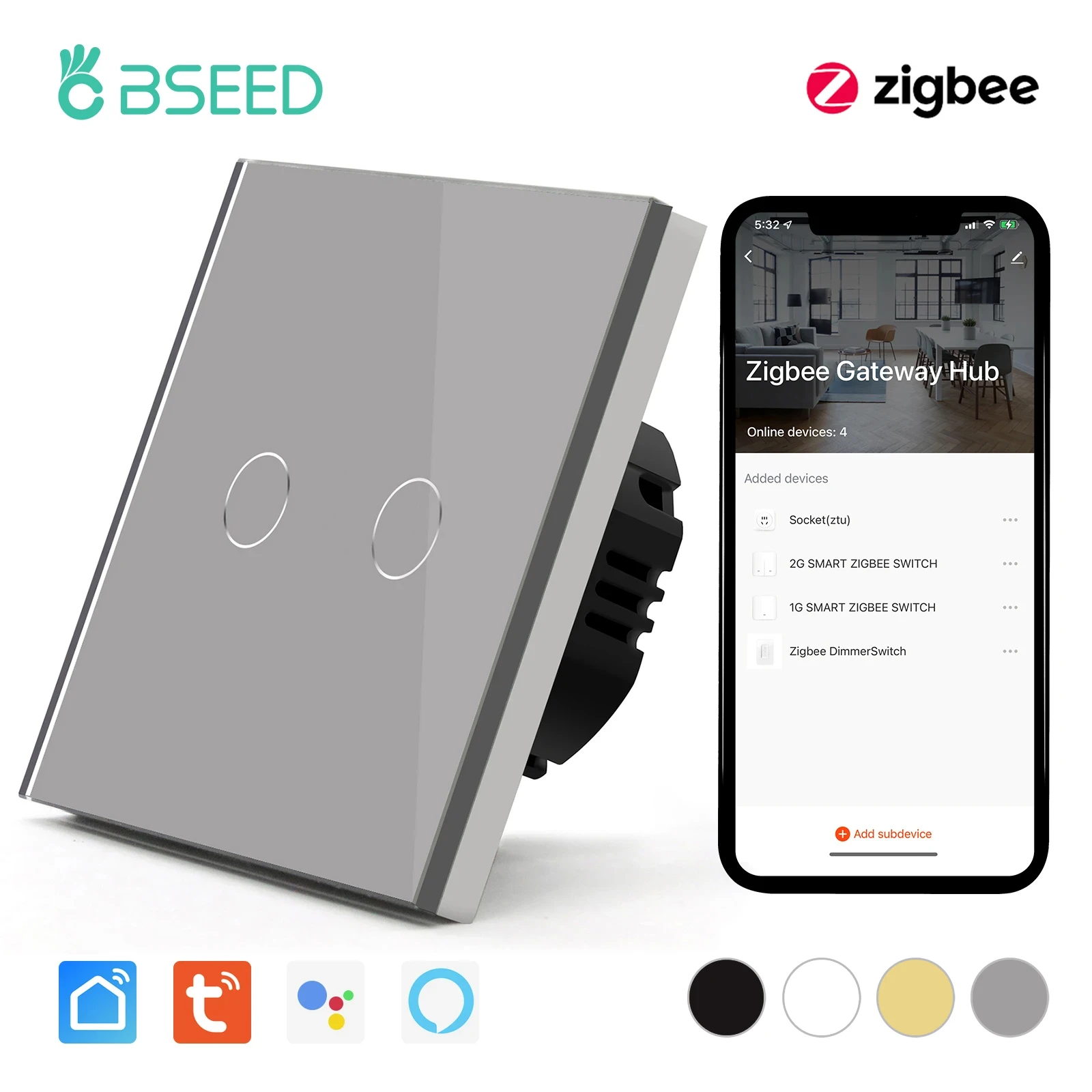 BSEED Zigbee Touch Switches 1/2/3Gang 1Way Smart Light Switch Sensor Wall Switches Tuya Control Smart Life APP Google Alexa 