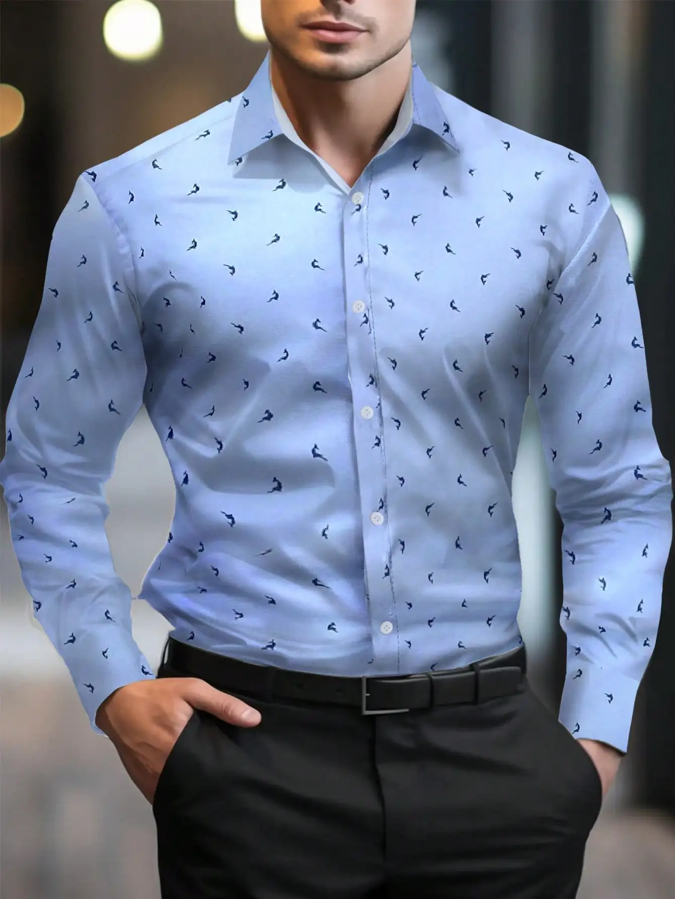 

Men's Light Blue Long Sleeve Button-Up Shirt with Bird Print, Wrinkle-Resistant, Classic Collar, Business Casual