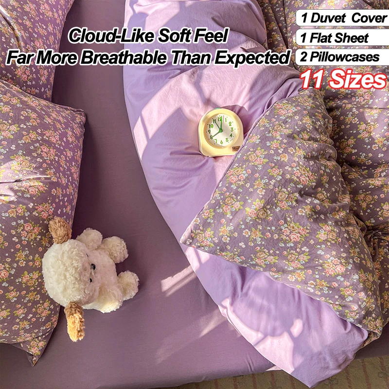 Floral Bedding Set 4‑Piece, 1 Duvet Cover 1 Flat Sheet 2 Pillowcases, Soft Breathable Flower Printed Bed Sheets Set, Home Decor