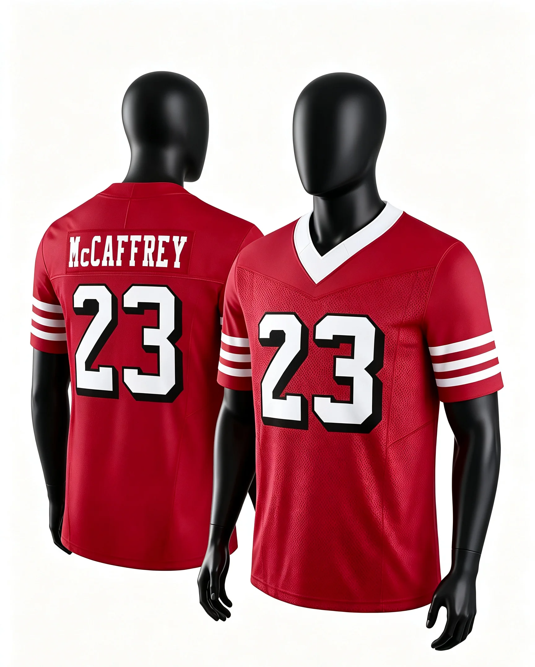 Men #23 McCaffrey Red Home Football Jersey Name Number Three Striped Sleeve V Neck Breathable Athletic Fan Game Family Matching