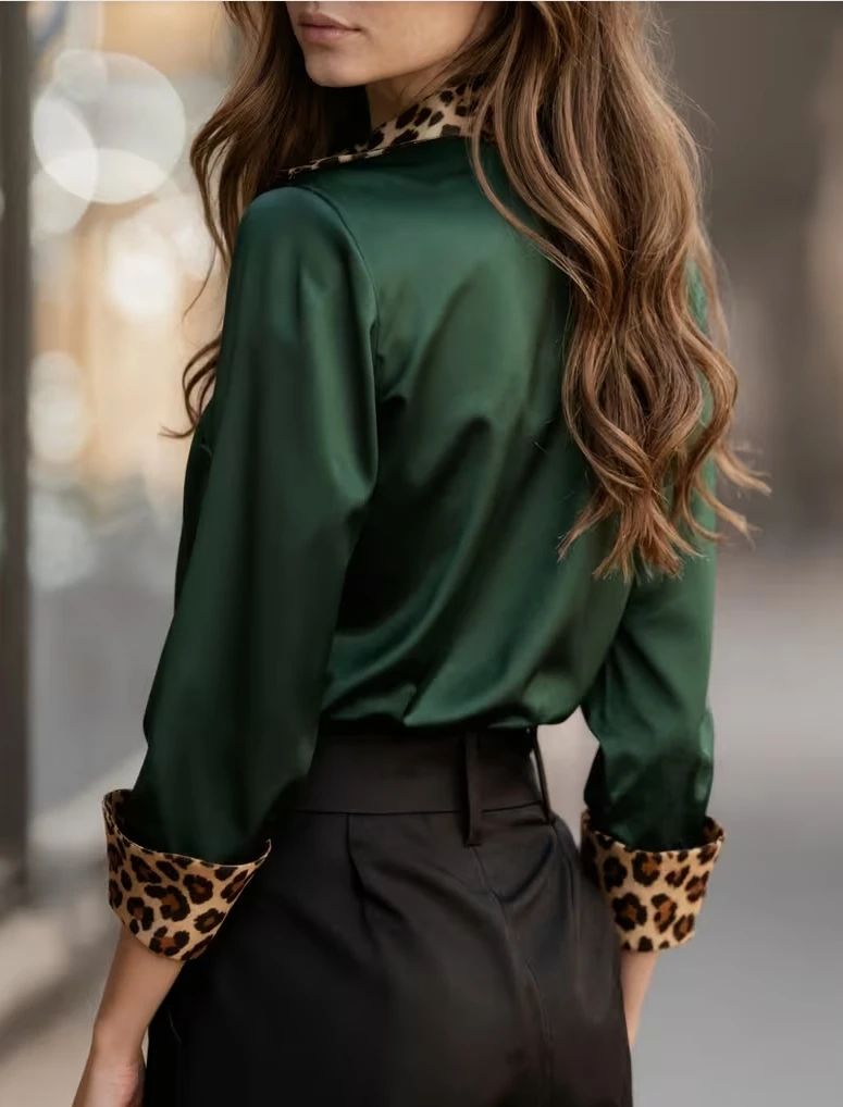 Elegant Long Sleeve Button Down Shirt with Leopard Print Collar, Cuffs & Placket, Loose Fit Blouse Tops