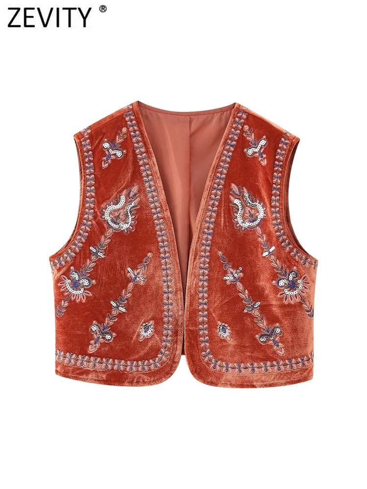 Zevity Women Vintage Sequins Flower Embroidery Short Velvet Vest Jacket Ladies Sleeveless Casual Cardigan WaistCoat Tops CT5465