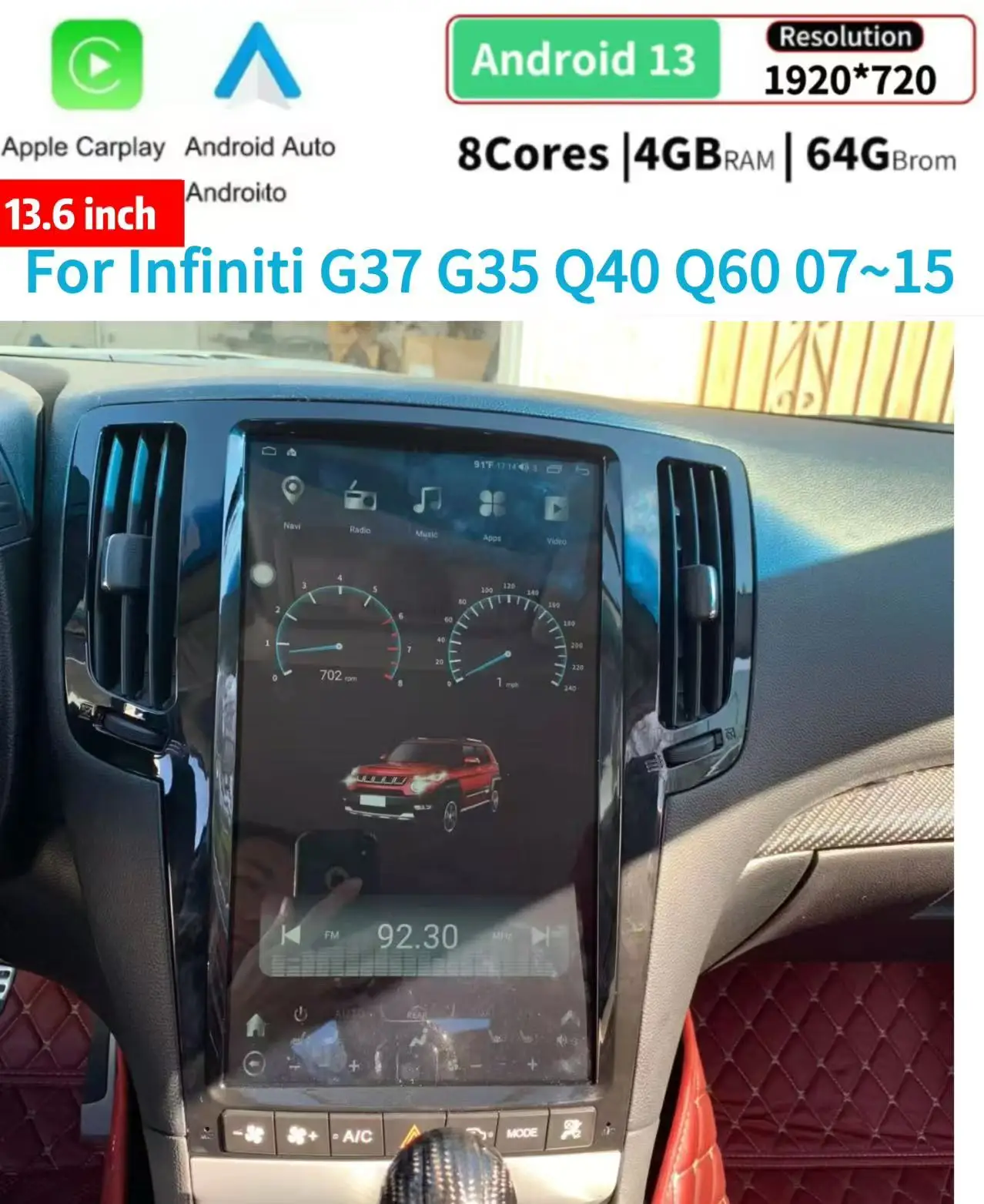 

13.6" Android Navigation Car GPS Stereo Radio For Infiniti G37 G35 Q40 Q60 07~15
