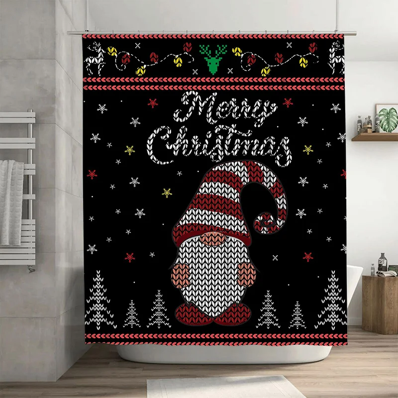 Knitted Style Gnome Christmas Shower Curtain with 