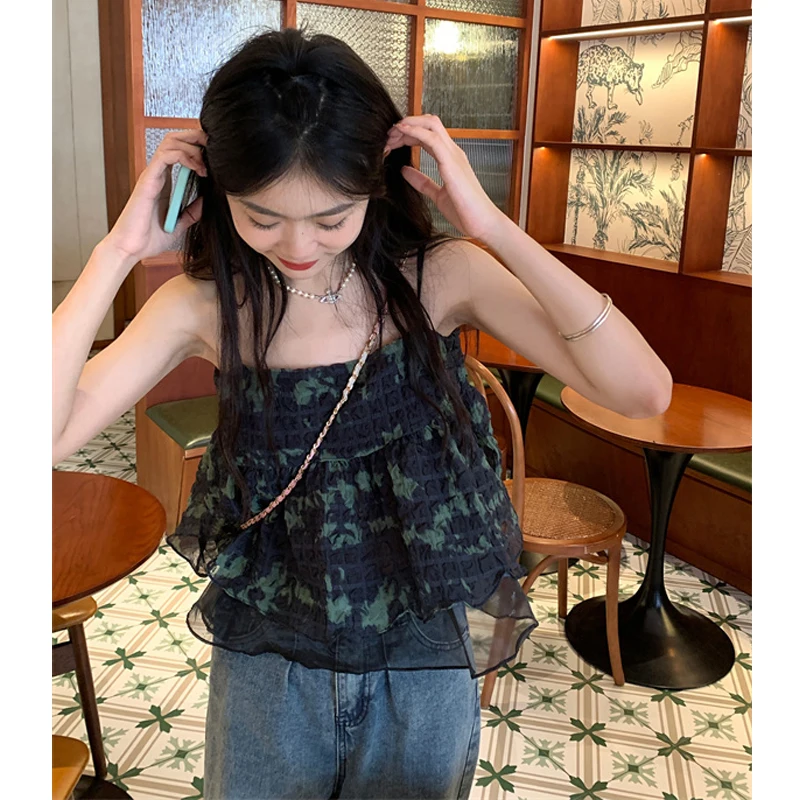 Retro Floral Tie Dye ort Svel Vest Top Women's Summer Faion Sweet Princ Sle Polyester Blend Straight Cut T-irt