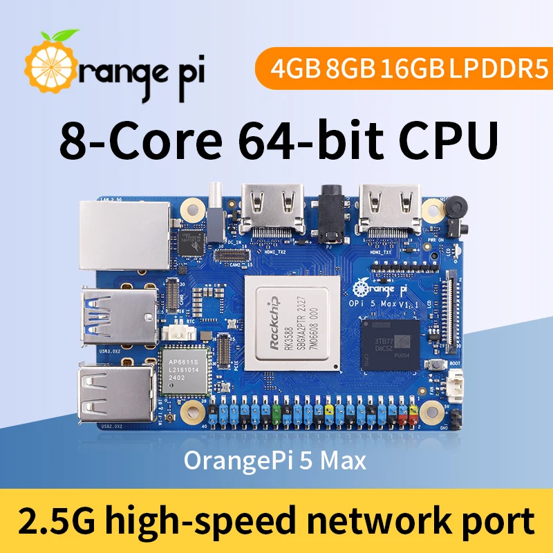 Imagem -02 - Orange pi Max 8gb 16gb Ram Lpddr5 Rockchip Rk3588 Placa de Desenvolvimento m2 Nvme 2.5g Lan Wifi6e Bt5.3 Case Módulo Emmc Opcional