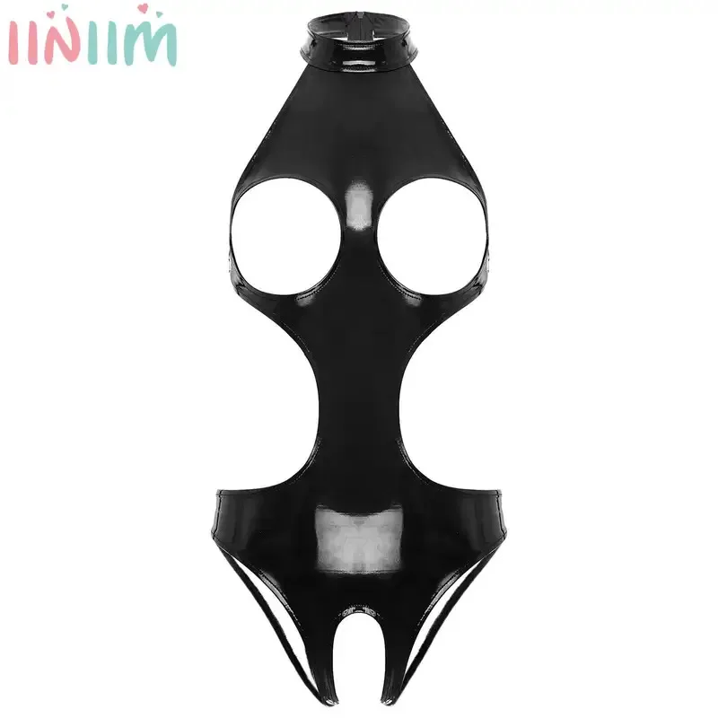 

Женское боди без чашек из искусственной кожи с лямкой на шее, без рукавов, клубная одежда для рейв-танца, купальник, сексуальный облегающий комбинезон с открытой промежностью