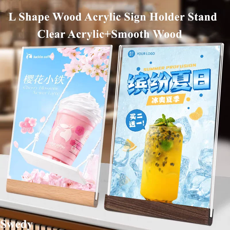 A4 210x297mm L Shape Wood Base Acrylic Sign Holder Display Stand Table Menu Paper Price List Holder Photo Picture Poster Frames