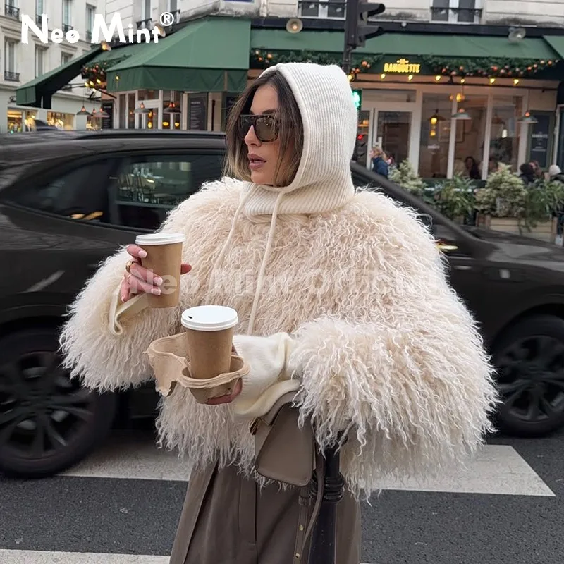 

Neo Mint Chic Street Girls Round Neck Faux Mongolia Sheep Fur Coat Women 2025 Winter Fluffy Warm Fur Jacket Cropped Outerwear