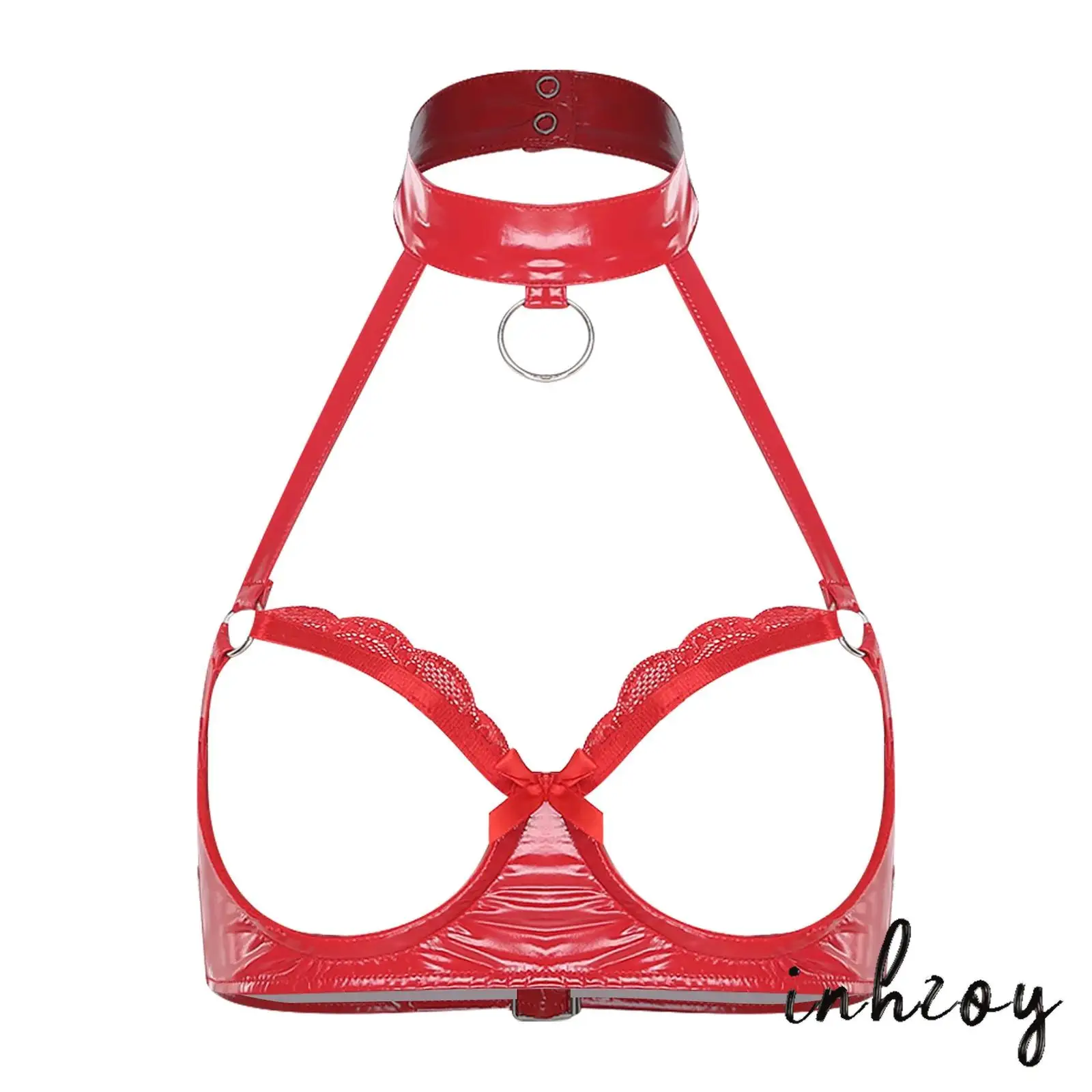 

Womens Glossy PU Bra Top Cupless Halter with O-ring Floral Lace Hollow Bra Cage Lingerie for Nightclub Raves Themed Party