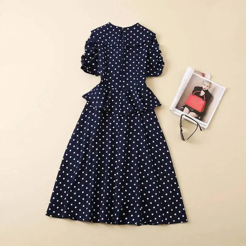 Vestido de princesa Kate Middleton azul marino, cuello en V, lunares, vestidos manchados, moda, 81502