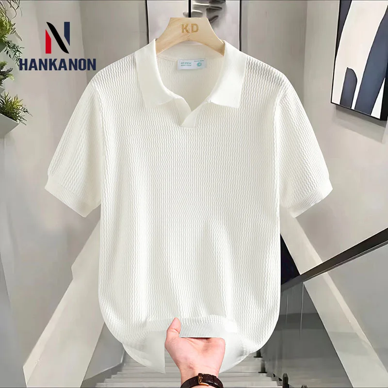 

Solid Color Stretchy Short Sleeve Men's T-shirt, V-neck Striped Top.Youth, Student Summer Polo Shirt.