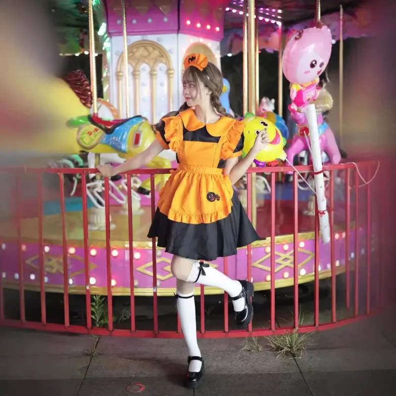 

Pumpkin Maid Cosplay Dress - Ruffled Apron & Halloween Theme Headpiece, Cute Kawaii Style Outfit for Holiday Parties & Role-Play