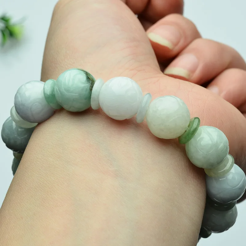 Crafts Myanmar Carved Jade Bead Pattern Bracelet for Men and Women Send Certificate