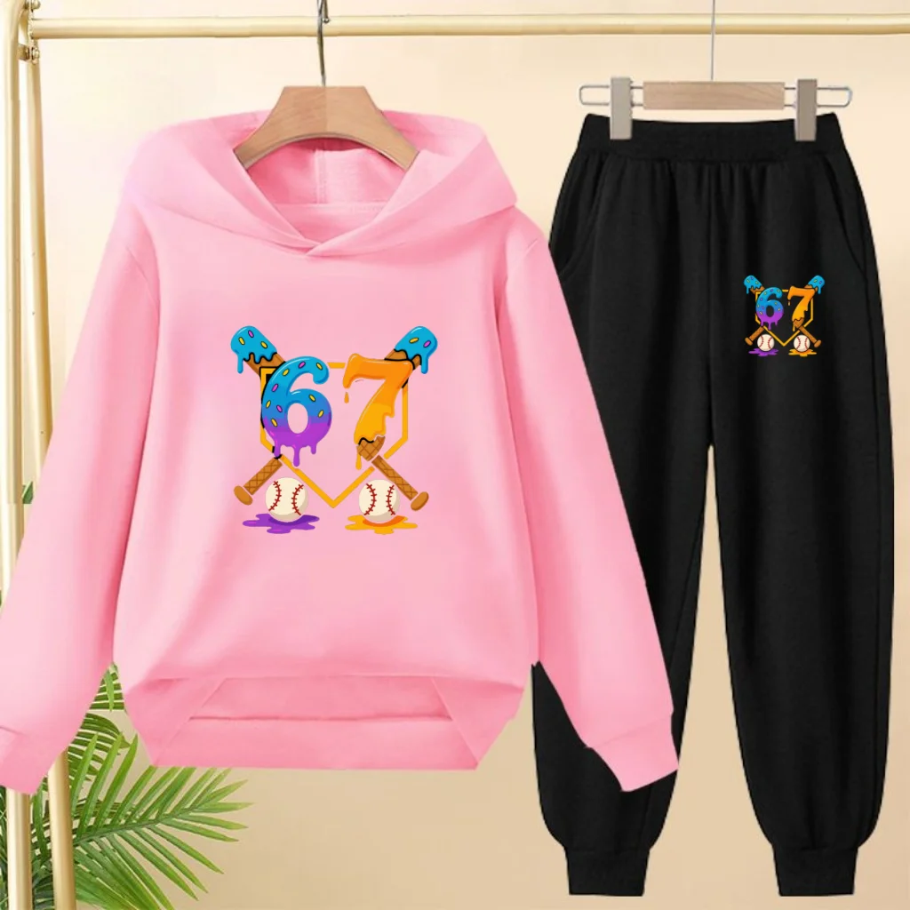 

Autumn Winter 3-12 Age Digital 67 Boy Girl 2 Piece Leisure Children Outerwear Hoodie+Trousers Pullover Hooded Outdoor Sportswea