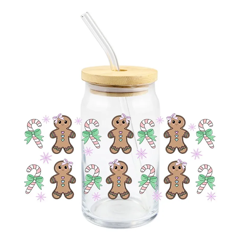 Christmas UV DTF Wrap Transfer Stickers Gingerbread Man Cartoon Deisgn DTF Wrap For Glasses Cups Mugs Waterproof Decal