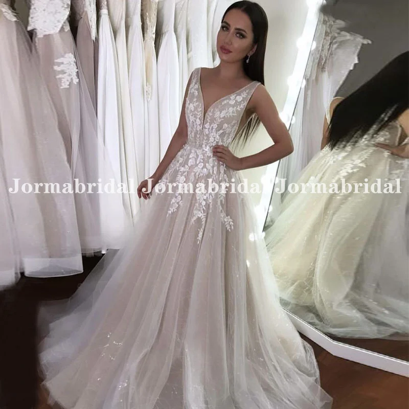 Vestido de novia bohemio champán con cuerpo de ilusión vestidos elegantes para mujer de piel de tul con apliques blancos, vestido de novia ligero de playa, vestido de novia