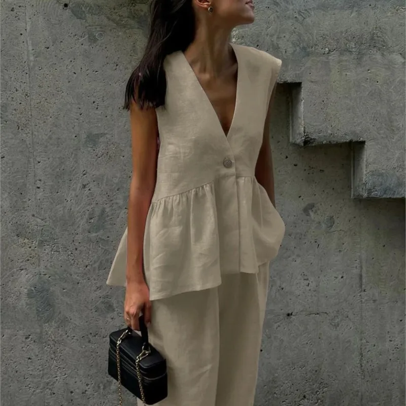 

2 Pieces Set For Woman Casual Sleeveless Vest V Neck Single Button Blouse Solid Color Loose Trousers Suit New In Matching Sets