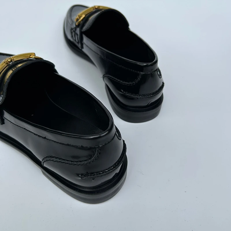 Jenny&Dave 2024 Autumn New Shoes Retro Black Leather Loafers Women Ladies British Fashion Metal Buckle Flat Shoes
