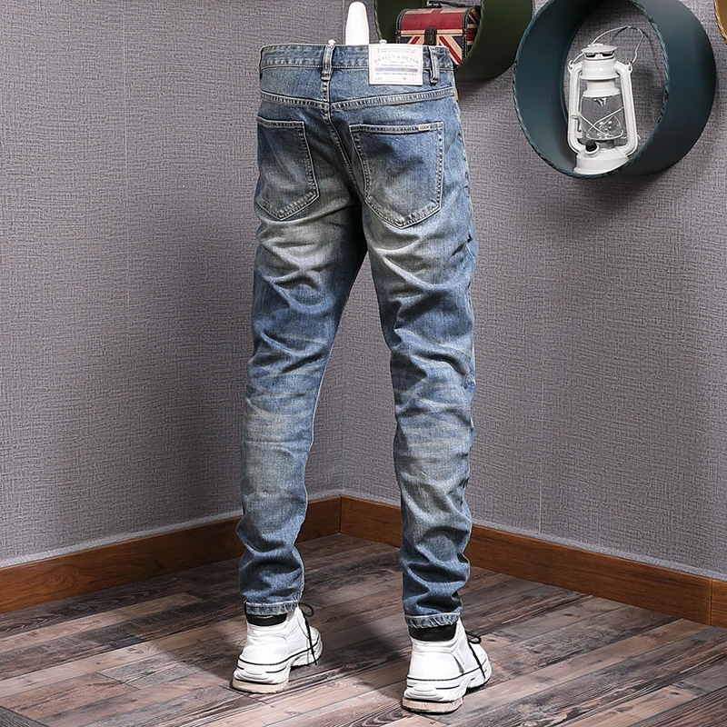 Italian Style Fashion Men Jeans High Quality Retro Blue Elastic Vintage Slim Jeans Men Classical Designer Casual Pants Hombre
