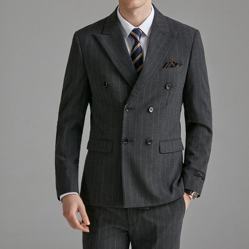 

High-End Men's Tailored Suit Wedding Dr Code Korean Sle Busin Casual Profional Striped Double-Breasted Formal Te...