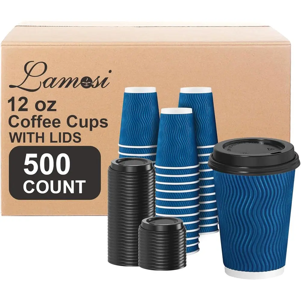 

Disposable Coee Cups with Lids 12 OZ 500 Pack, Insulated Paper Corrugated Wall To Go Cup or Hot Beverages - Blue