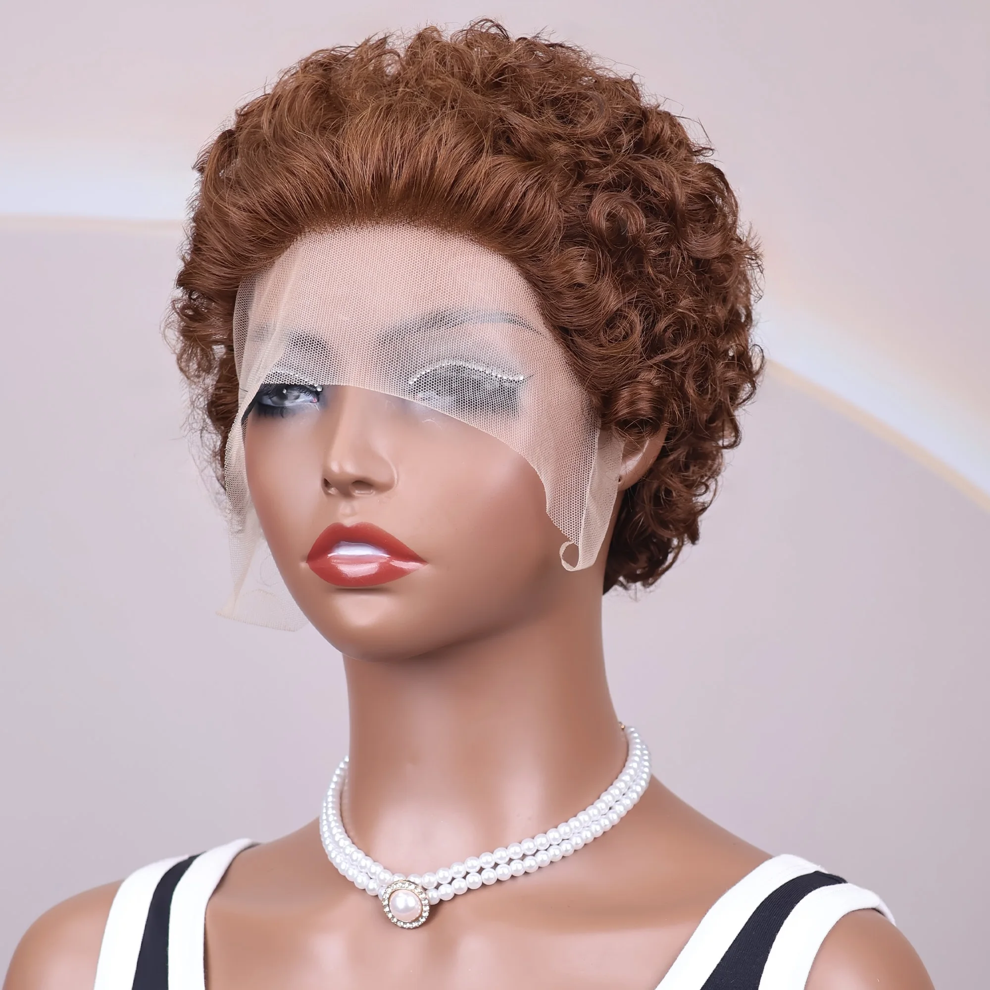 # チョコレートブラウンのピクシーカットウィッグ、人毛ハイライトバーガンディカーリーボブウィッグ、13x1 HDレースフロントウィッグ、200%密度、ショートで安価なウィッグ