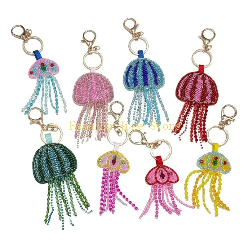 N5KA Playful Beaded Bag Accessory with Jellyfish Glass Beads, and Metal Keyring for Handbag Accent and Carry