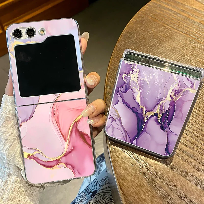 Marble Pattern Transparent Phone Case For Samsung Galaxy Z Flip 6 5 4 3 Clear Hard Folding Cover For Samsung Z Flip6 Flip5 Flip4
