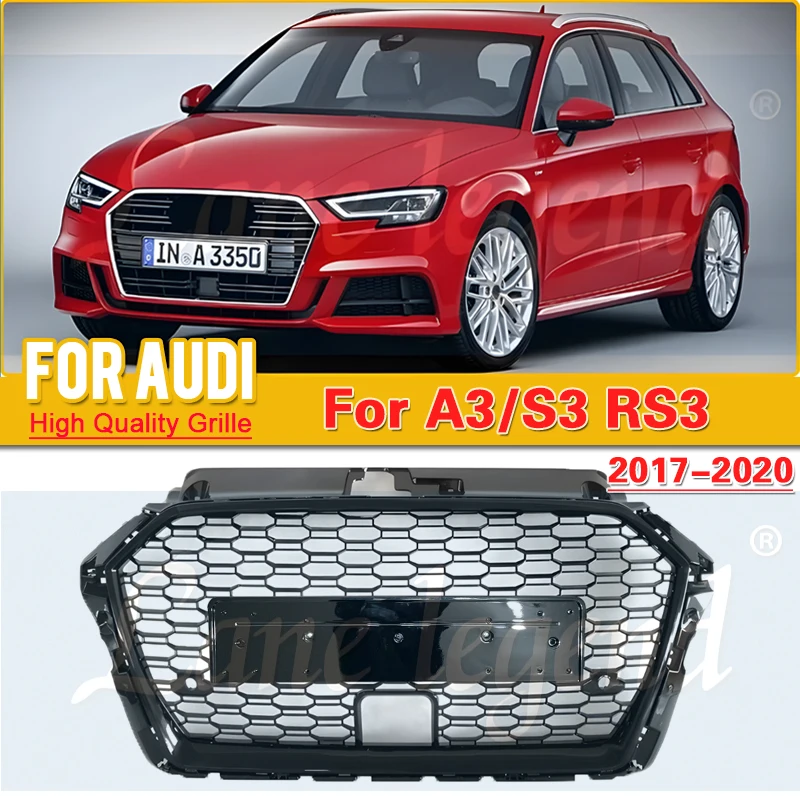 Front Bumper grill for Audi A3 A3L 2017-2020 center honeycomb mesh grill for Audi RS3 style black grille with ACC modification