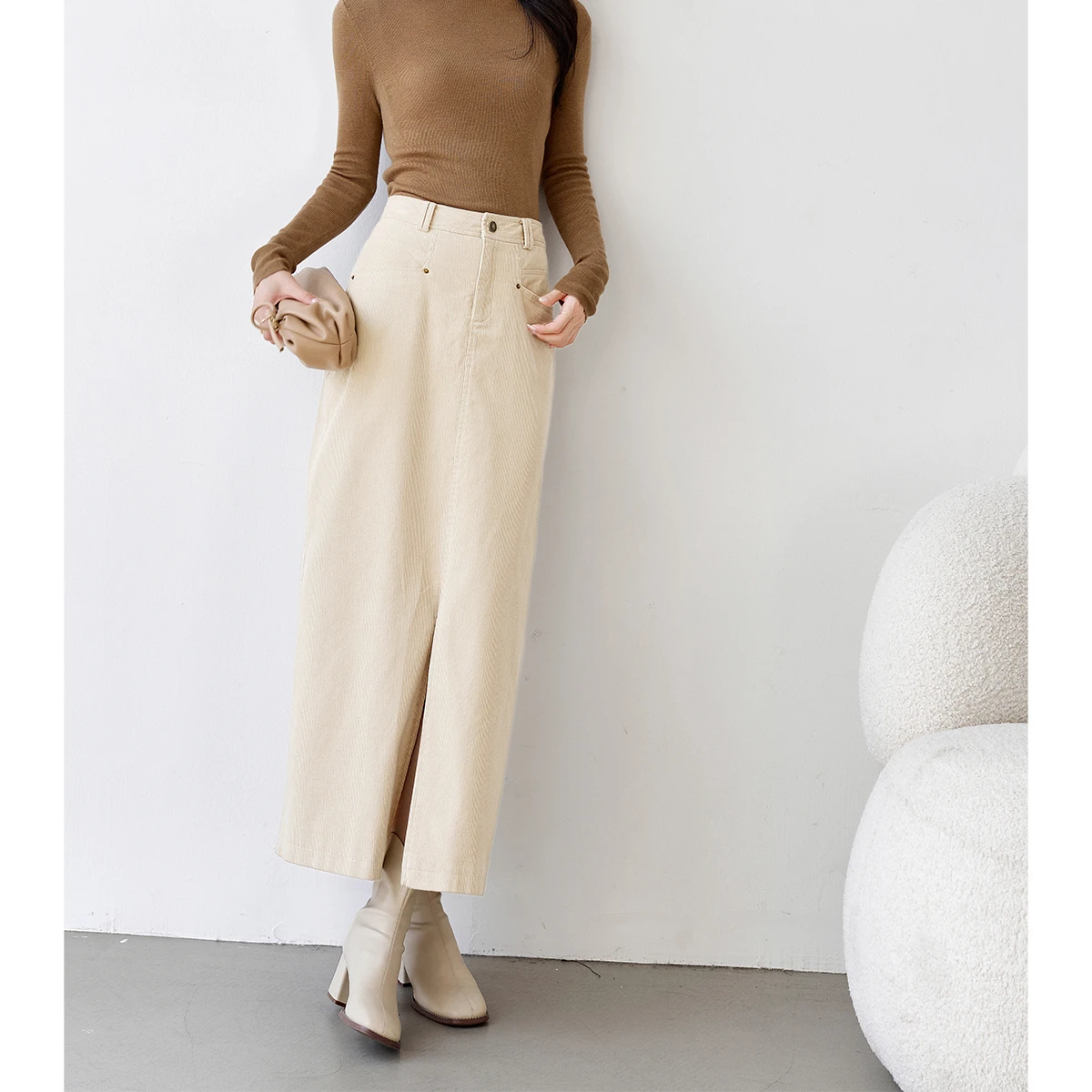 VIMLY Elegant Vintage Straight Skirt for Women 2026 Fall Winter Office Lady Style High-waist A-line Back Hem at Slit Skirt M9228