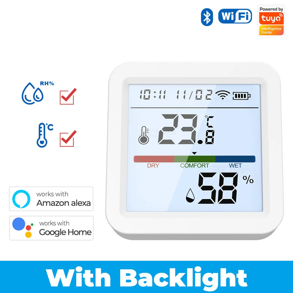 Tuya 2,4G WiFi Bluetooth sensor inteligente de temperatura y humedad con pantalla LCD retroiluminada grande alerta de aplicación alertas de notificación