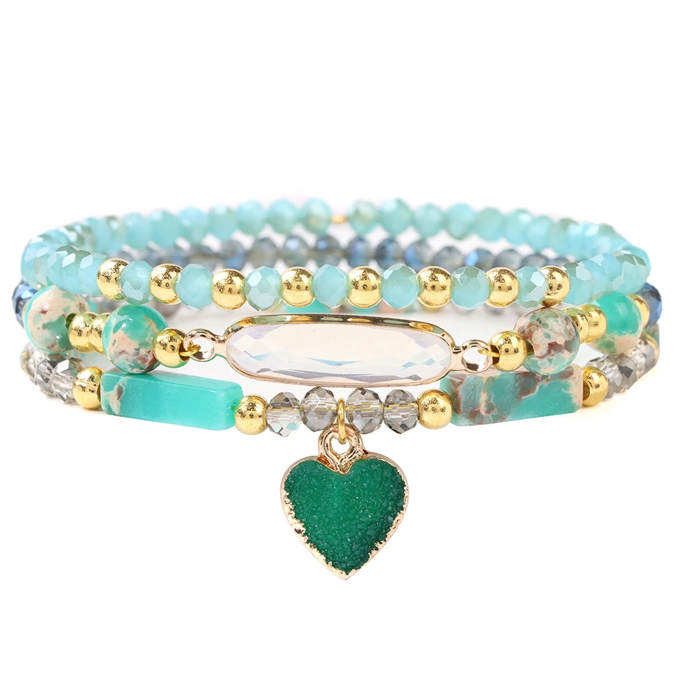 3Pcs/set Green Crystal Beads Bracelet Set Natural Stone Heart Charm Gold Color Spacer Beads Bracelets For Women Men Jewelry