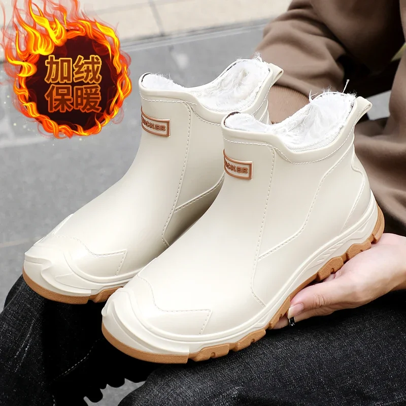 Fashion Men Warm Safety Water Shoes New Man Outdoor Plush Rain Boots Waterproof Chef Work Ankle Boots High Top Anti-slip Shoes