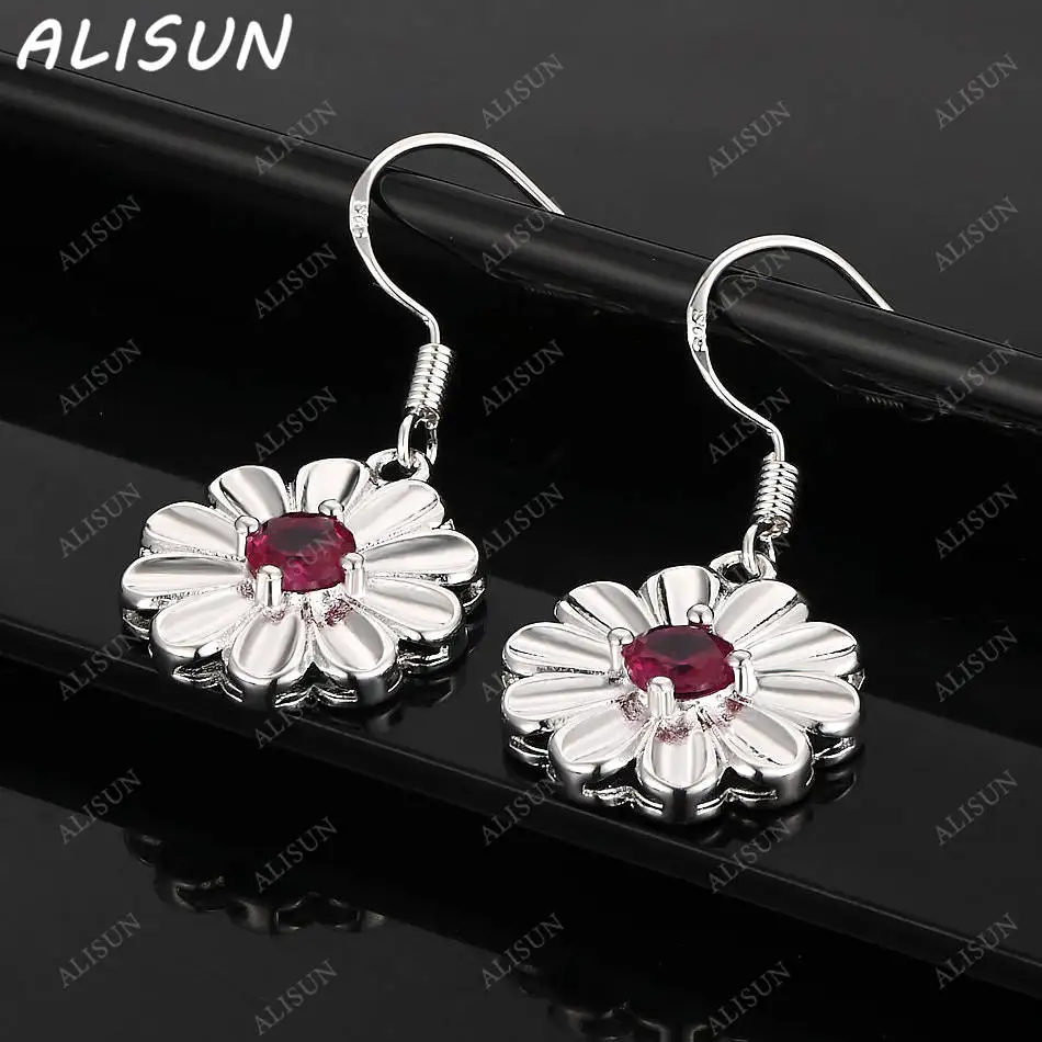 

ALISUN 925 Sterling Silver Red Zircon Flower Earrings Drop Earrings For Women Fashion Jewelry Charm Noble Wedding Accessories