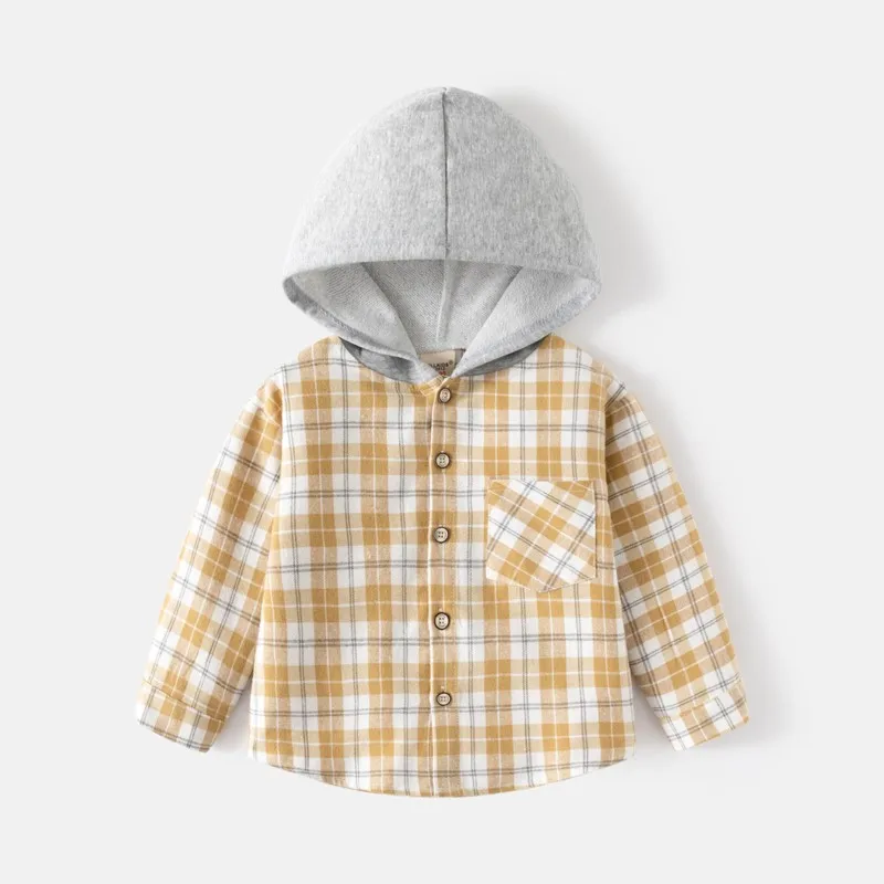 2024 camicia a maniche lunghe da bambino nuova camicia a quadri con cappuccio per neonati