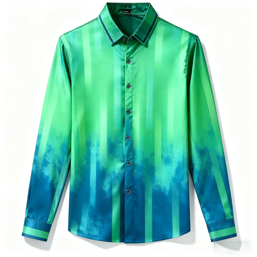 Men's New Autumn Style Personalized Distressed Design Gradient 3D Printed Shirt Hawaiian Casual Party Long-sleeved Soft Outer