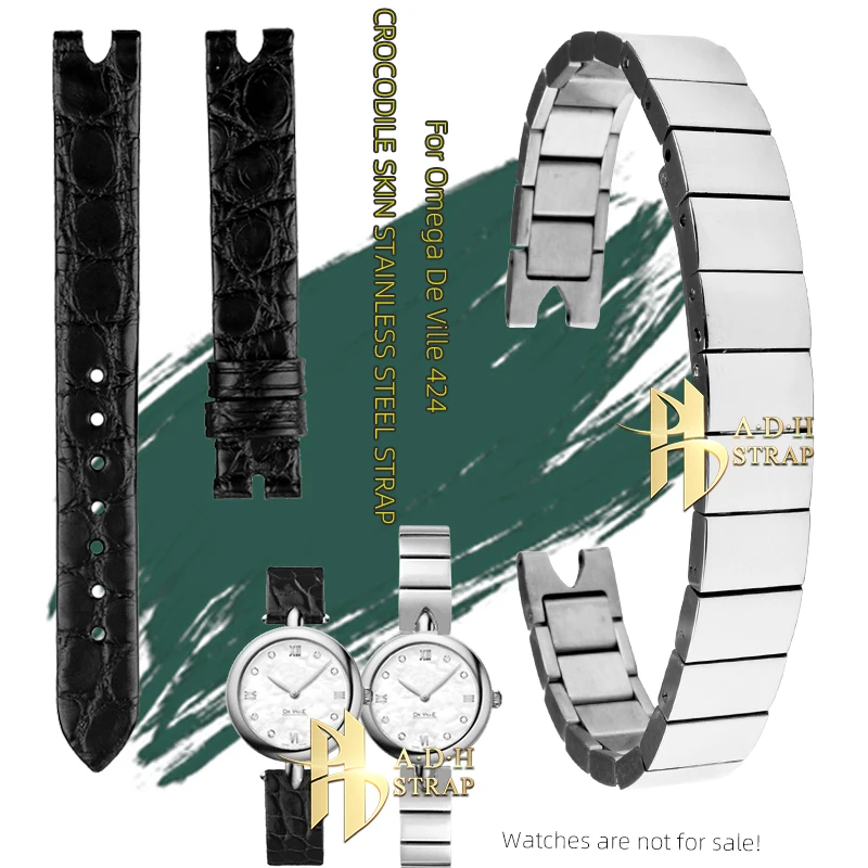 

Crocodile Leather Bracelet For Omega De Ville 424.13 Women's Leather Strap Solid Fine Steel Watch Chain Notch Watch Band 12MM