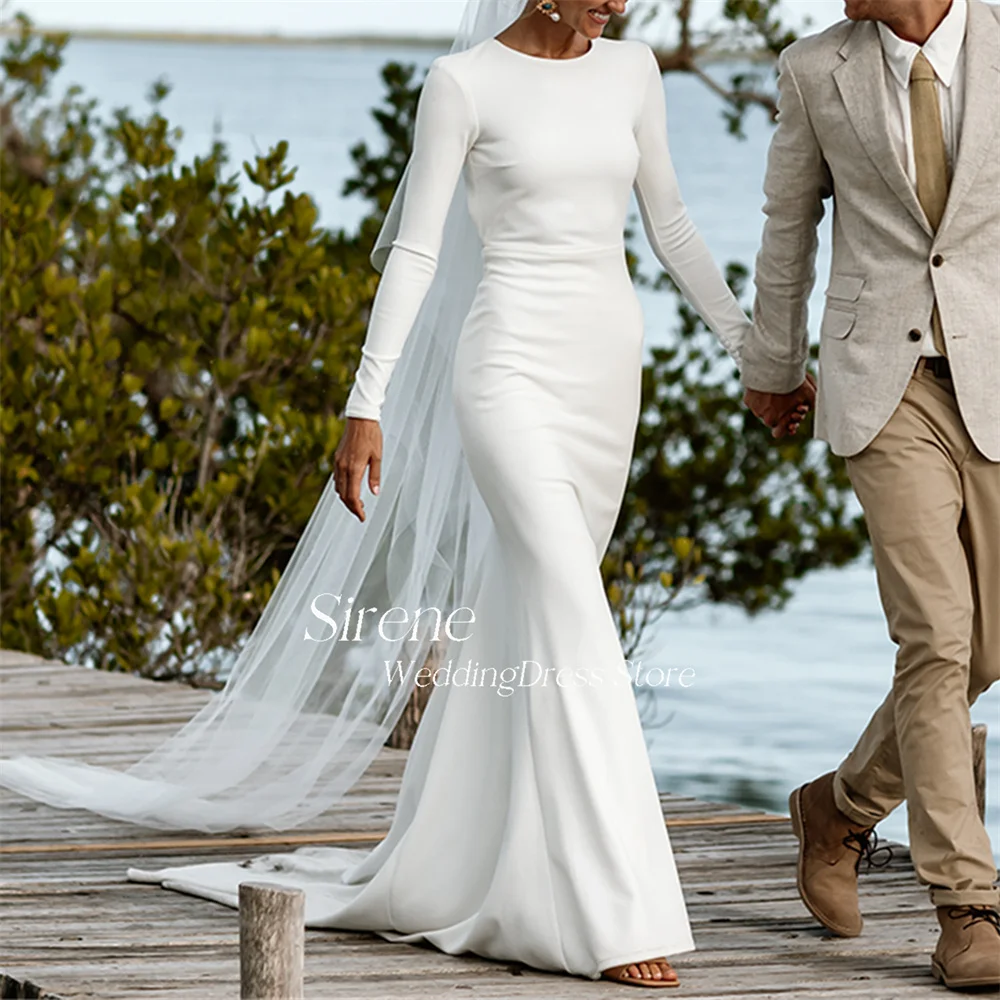 Abito da sposa lungo senza schienale a sirena semplice personalizzato Abito da sposa elegante bianco con scollo a O e maniche lunghe senza schienale 2024