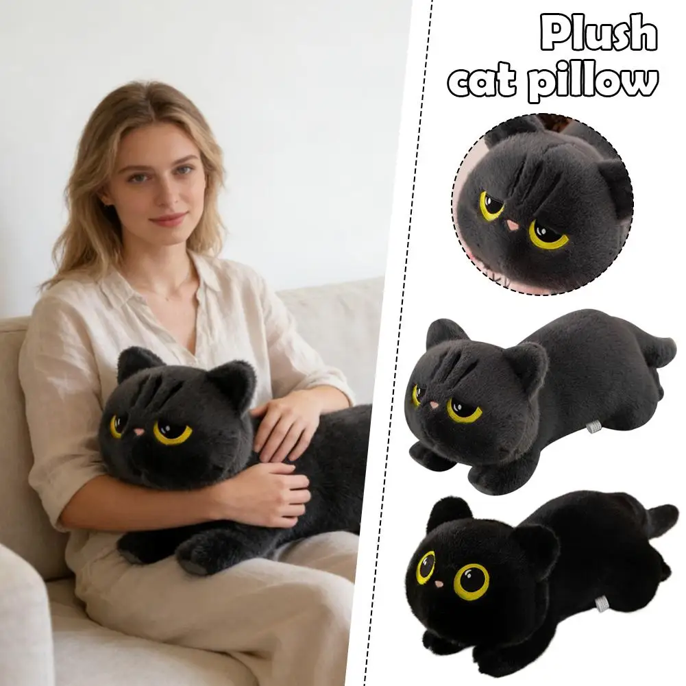 Travesseiro de pelúcia longo de 45cm, gato deitado, preto, cinza, brinquedo de pelúcia, almofada de dormir, descanso para as costas, travesseiro para crianças e adultos, acessórios