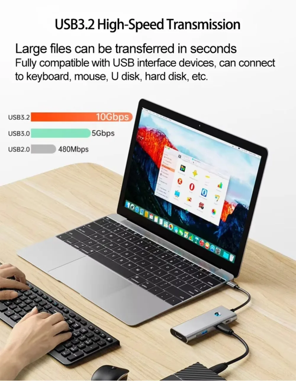 7-Port USB-C Hub with 4K HDMI-Compatible 100W PD Fast Charging 10Gbps USB 3.2 Data Transfer for Windows & Mac Type-C Devices