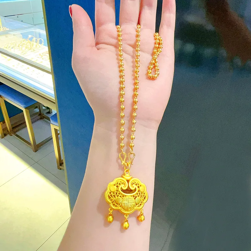 

9999 24K real gold luxury jewelry peace lock pendant long life wealth lock necklace big bead sweater chain to send to girlfriend