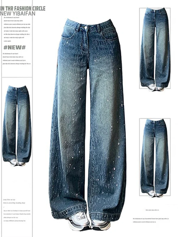 

plus Size High Waist Wide Leg Denim Jeans Women's Spring New Sle Slim Straight Cut Diamond Design Heavy Du Casual Pants